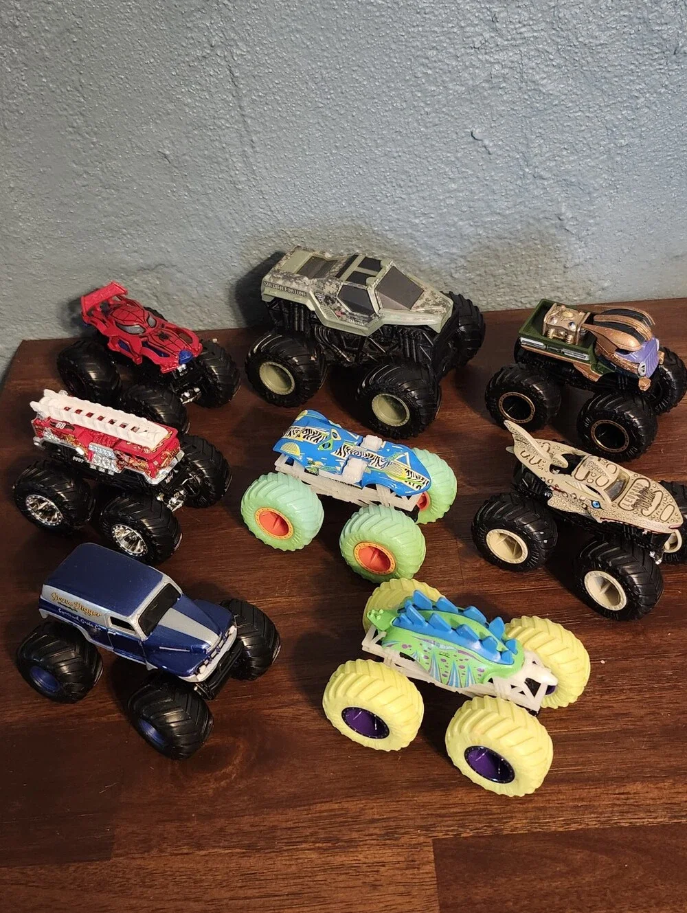 Monster Truck Lot of 8 Trucks Hot Wheels Spin Master Spiderman Dinosaurs Others